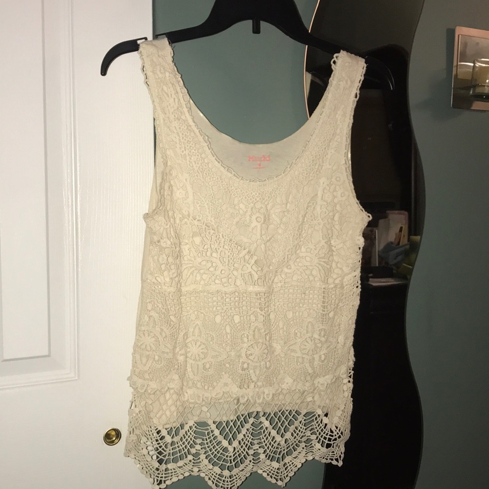 Beige crochet tank top.